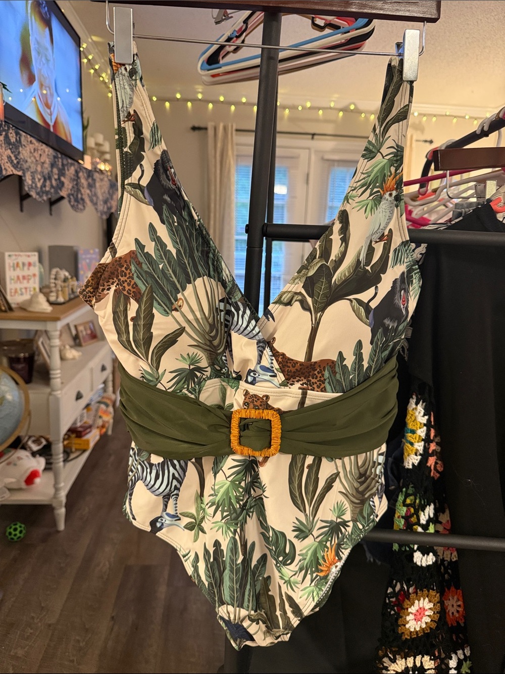 Tropical Print One-Piece Swimsuit with Olive Waist Sash